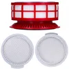 A collage of vacuum cleaner filters, including a red and white cylindrical filter and two circular white mesh filters. Voir les images du produit