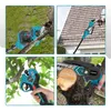 Collage of four images showing different uses of cordless garden tools, including pruning branches and cutting wood. Produktbild-Vorschau