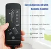 A hand holding a massage chair remote control with feature callouts. Produktbild-Vorschau