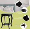 A black wooden side table with a shelf is shown in a bedroom setting, with close-up insets highlighting its features. Podgląd zdjęcia produktu