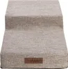 A two-step pet stair with a textured beige fabric cover and a brown leatherette brand tag on the front. Produktbild-Vorschau