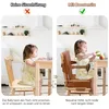 A split image showing a toddler sitting at a table with and without a booster seat. Produktbild-Vorschau