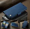 A collage of images showcasing a blue leather phone case from different angles and in different configurations. Produktbild-Vorschau