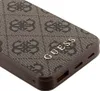 A close-up view of a Guess power bank with a brown monogram pattern and gold lettering. Produktbild-Vorschau