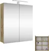 A bathroom cabinet with mirrored doors and an LED light, shown with a smaller, open version of the cabinet displaying shelves and bottles. Produktbild-Vorschau