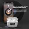 A smartphone displaying a music app is shown next to a pair of white wireless earbuds in their charging case, with a vinyl record in the background. Produktbild-Vorschau