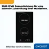 A black induction cooktop with two heating zones, displaying wattage information, and marketing text. Produktbild-Vorschau
