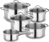 A set of stainless steel pots and pans with glass lids, arranged on a white background. Produktbild-Vorschau