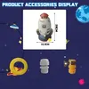 A marketing image showing a rocket sprinkler toy and its accessories against a dark blue, starry background. Produktbild-Vorschau
