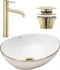 A bathroom sink set including a faucet, drain assembly, and sink basin, all with gold accents. Podgląd zdjęcia produktu