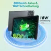 A tablet is shown with a graphic of a battery and charging cable, along with text highlighting its battery capacity and charging speed. Produktbild-Vorschau