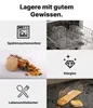 A collage of images showcasing glass storage jars with bamboo lids, highlighting features like dishwasher safety, clarity, and food safety. Produktbild-Vorschau