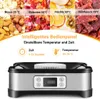 A collage showing different foods being dehydrated at various temperatures, with a clear view of a food dehydrator on a white background. Voir les images du produit