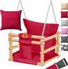 A red baby swing with a wooden frame, shown with an additional red cushion and a selection of other cushion colors on the right. Produktbild-Vorschau