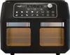 A front view of a black dual-chamber air fryer with its control panel and digital display visible. Produktbild-Vorschau