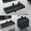 Collage of three images showing a dark gray rectangular washbasin in different bathroom settings. Produktbild-Vorschau