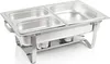 A stainless steel chafing dish with two compartments sits on a white background. Podgląd zdjęcia produktu