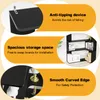 Marketing image highlighting features of a black L-shaped bookshelf. Voir les images du produit