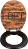 An open toilet seat with a wooden panel design on the lid, featuring the word "LOFT" in metal letters with blue accents. Produktbild-Vorschau