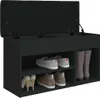 A black shoe bench with its lid open, revealing storage compartments and shoes inside. Náhľad obrázku produktu