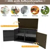 A collage of images showing different items that can be stored in a large storage box, and the storage box itself with its doors and lid open. Voir les images du produit