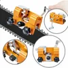 A collage of images showing a chainsaw sharpener tool attached to a chainsaw chain, with close-up views and a hand operating the crank. Produktbild-Vorschau