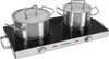 A close-up shot of a portable double burner electric cooktop with two stainless steel pots on top. Náhled obrázku produktu