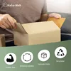 A person is opening a cardboard box, with icons and text below describing product features. Produktbild-Vorschau