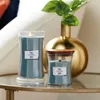Two WoodWick candles of different sizes are placed on a glass table, with a golden vase and green leaves in the background. Anteprima dell’immagine prodotto