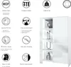 A diagram illustrating the features and benefits of a white highboard cabinet, with a partial view of the actual product on the right. Produktbild-Vorschau