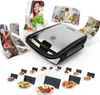 A collage of images showing a TEFAL Snack Collection grill and waffle maker, along with various food items and people enjoying meals. Voir les images du produit
