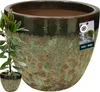 A large ceramic planter with a green and brown speckled glaze, shown with a small plant in a smaller pot in front of it. A product tag is attached to the planter. Anteprima dell’immagine prodotto