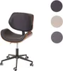 A black and brown office chair with a wooden frame is shown against a white background. Three colored circles are displayed to the right of the chair, indicating color options. Podgląd zdjęcia produktu