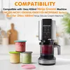 A Ninja Creami ice cream maker with three small ice cream containers in the foreground and compatibility information displayed above. Produktbild-Vorschau