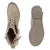 A top-down view of a pair of beige boots, one showing the interior and laces, the other showing the sole. Produktbild-Vorschau