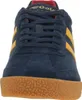A close-up front view of a blue Gola sneaker with yellow stripes. Produktbild-Vorschau