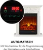 A close-up of an electric fireplace's control panel and the fireplace itself, with text describing its features. Produktbild-Vorschau