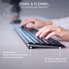 Hands typing on a keyboard with descriptive text overlays. Produktbild-Vorschau
