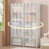 A modular, foldable wardrobe with a translucent white cover, showing shelves filled with items. A yellow circular arrow overlay suggests rotation or 360-degree view. Arrows on the cover indicate opening direction. Podgląd zdjęcia produktu