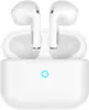 A pair of white wireless earbuds and their charging case are shown against a white background. Produktbild-Vorschau