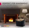 A fireplace with a fire burning, a lamp, and a basket of firewood next to it. Produktbild-Vorschau
