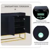 A dark sideboard with its doors open, showcasing its interior shelves. Inset circles highlight the push-to-open mechanism and its operation. Produktbild-Vorschau