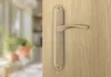 A close-up of a bronze door handle on a wooden door, with a blurred background of a room. Produktbild-Vorschau