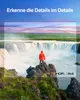 A person stands on rocks overlooking a waterfall, with a digital display overlay showing HDR and HLG logos. Produktbild-Vorschau