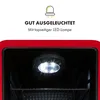 Close-up view of the interior of a red mini-bar refrigerator, showing an illuminated LED light on the ceiling. Produktbild-Vorschau
