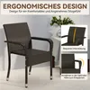 A brown rattan garden chair is shown outdoors with text overlays highlighting its ergonomic design and comfort features. Produktbild-Vorschau