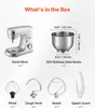 A diagram showing the contents of a stand mixer box, including the mixer itself, a bowl, and various attachments. Produktbild-Vorschau