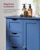 A close-up of a blue cabinet with drawers and a door, featuring decorative bottles on top. Produktbild-Vorschau