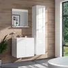 A modern bathroom with a white vanity, a tall white cabinet, and a large window with greenery outside. Produktbild-Vorschau