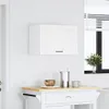 A white kitchen wall with a white cabinet mounted on it. Below the cabinet is a small kitchen cart with a wooden top. A bowl, a pitcher, and a mug are on the cart. A window with blinds is visible to the right. Anteprima dell’immagine prodotto